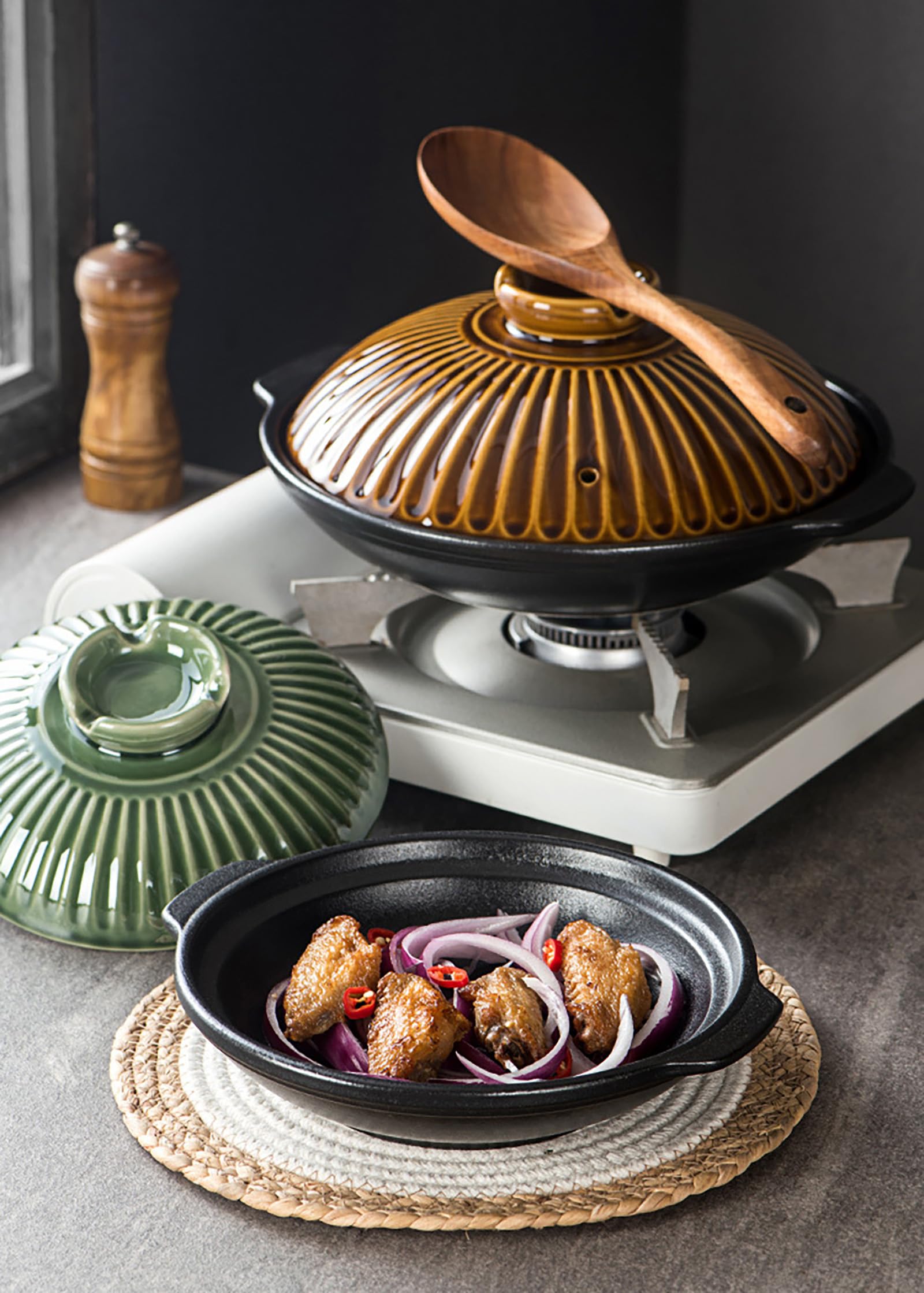 Japanischer Donabe-Keramik-Hot Pot Im Retro-Stil, Hitzebeständig, Flacher Holländischer Ofen For Kochen Und Servieren Von Dolsot, Bibimbap-Suppe, Reis-Eintopf, Auflauf, Nudeln(Copper,11.8 inches)