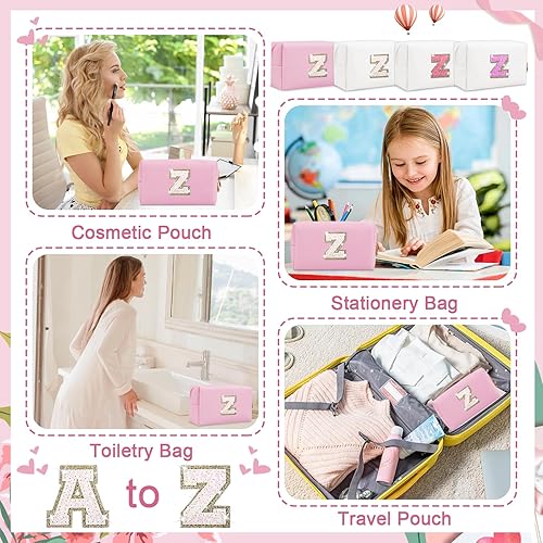 Miniatura 7 de Biileen Bolsa de maquillaje preppy inicial personalizada Pequeña bolsa de carta de chenilla de viaje linda, Letra rosa brillanteblanca