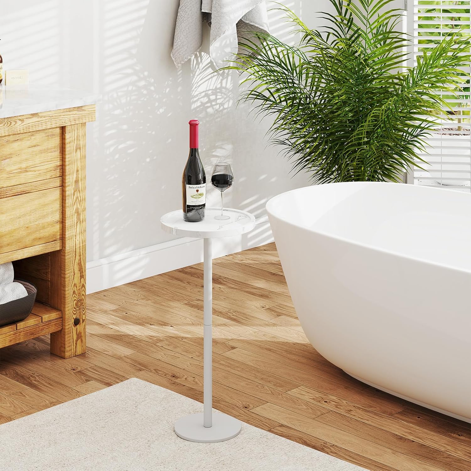 KJGKK Drink Table, 11 inch Dia., Small Pedestal Side Table, Round Cocktail Table, Circle End Table with Metal Base, for Small Spaces, Living Room, Bedroom, Faux Marble, White
