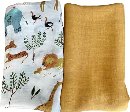 Generic Nursery,Bedding,Blankets & Swaddlers,Swaddles Set of Bamboo Newborn Baby Muslin Swaddle Blanket Wraps - Extra Large Muslins for Boys and Girls - Mustard and Animal Design