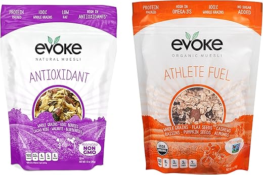 Evoke | Muesli Variety Pack (12oz, Pack of 2) Antioxidant + Athlete Fuel - Non GMO, Protein Packed, Low Sugar | Enjoy Hot or Cold | Healthy Breakfast for Kids & Adults