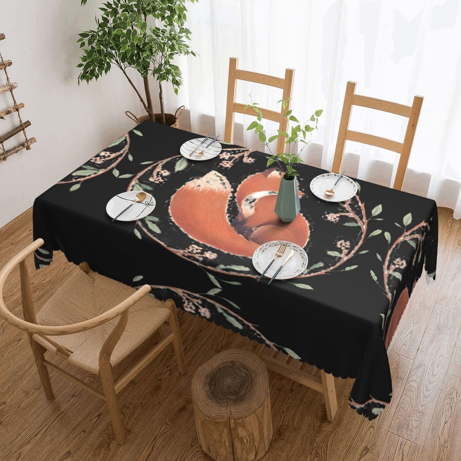QAZWZML Hand Painted Fox Printed tablecloth, made of thick polyester with lace trim, suitable for dining rooms, picnics, and weddings