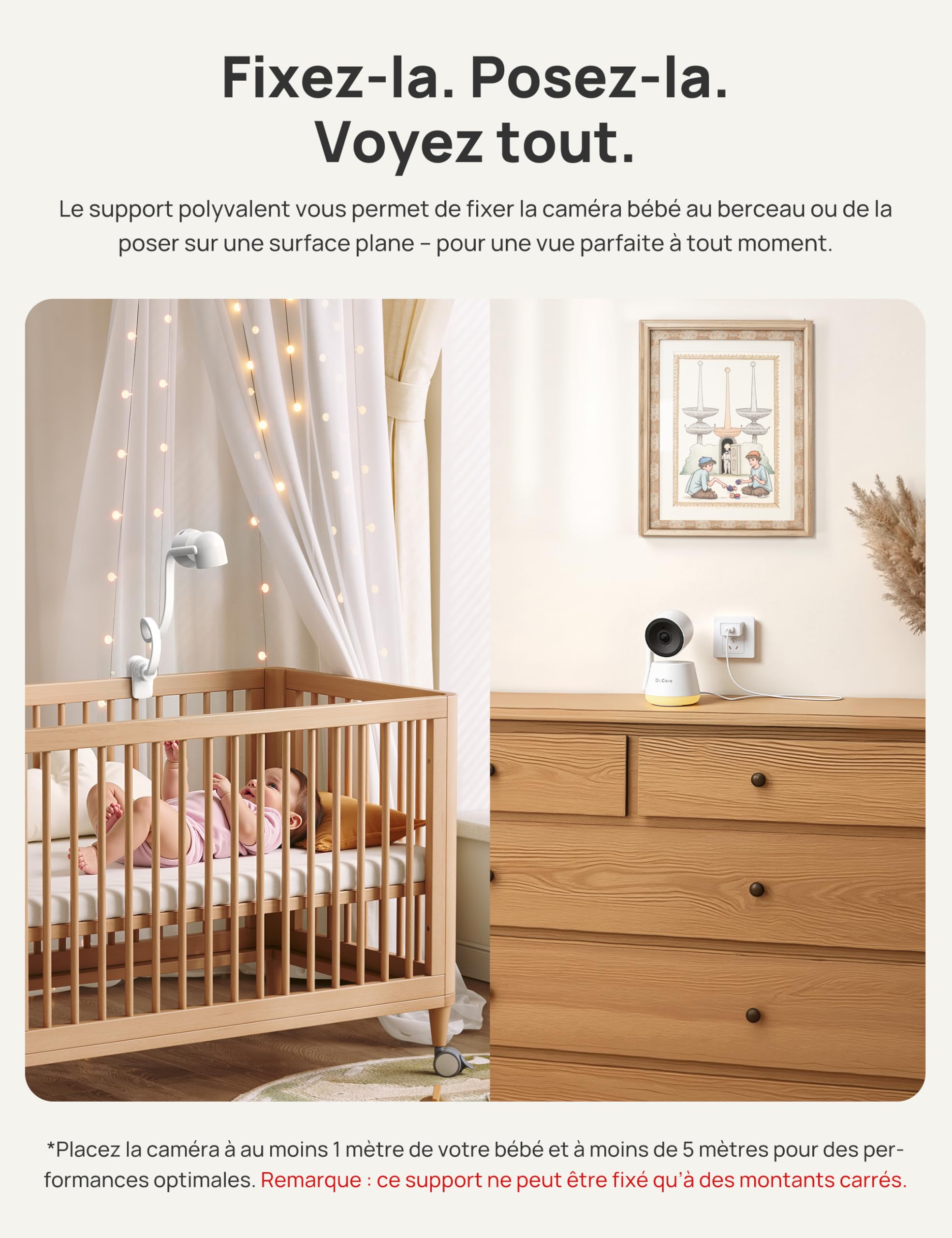 Dr.Care Babyphone Camera WiFi 2K, écran 5",App, Support à Pince, Mode privé | Batterie amovible 5000mAh, alertes mouvement/son, portée 390m, vision nocturne HD, Suivi personnes, Vox, veilleuse, LumiView