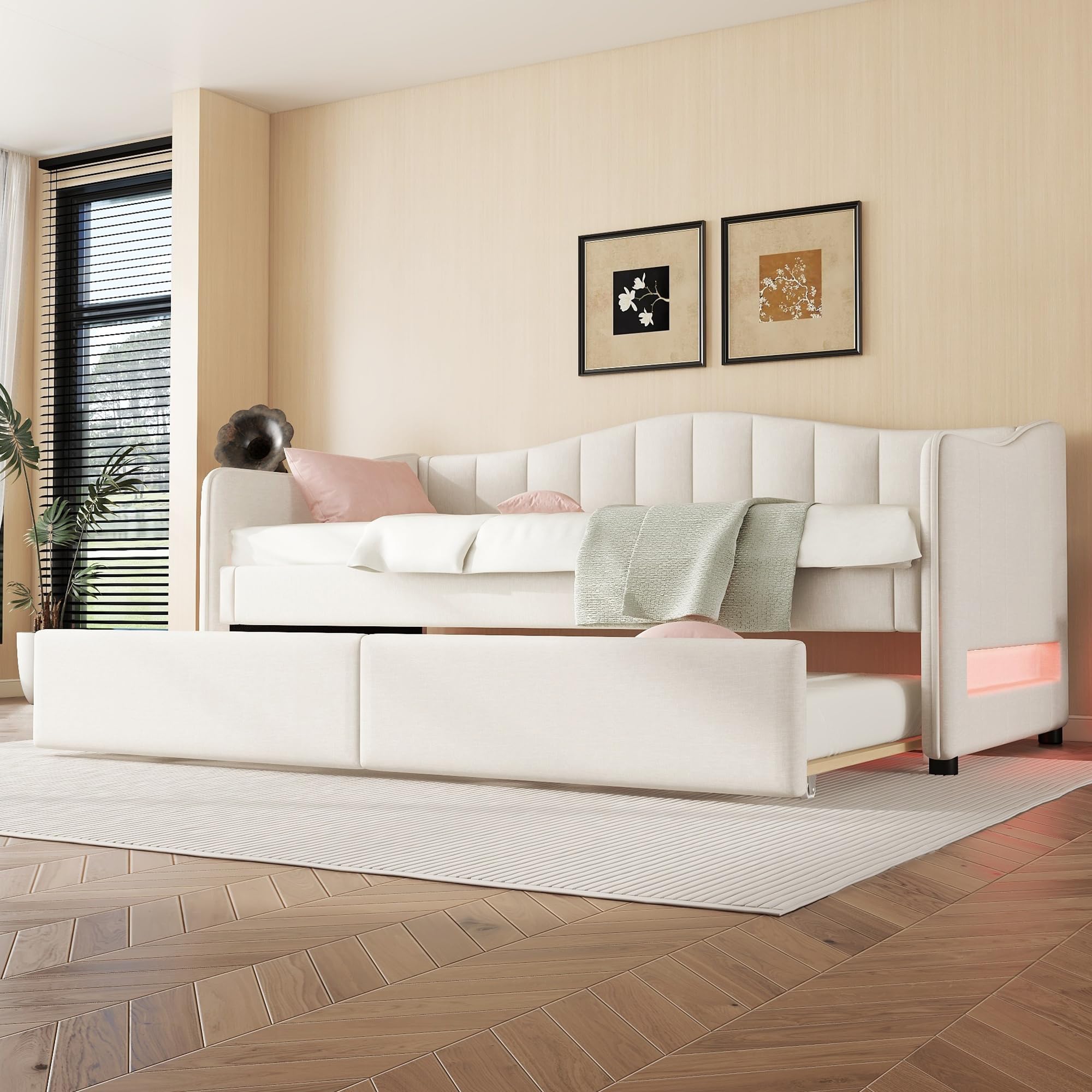 Lit gigogne gain de place 90x200 cm pour optimiser une petite chambre d'amis avec lit banquette
