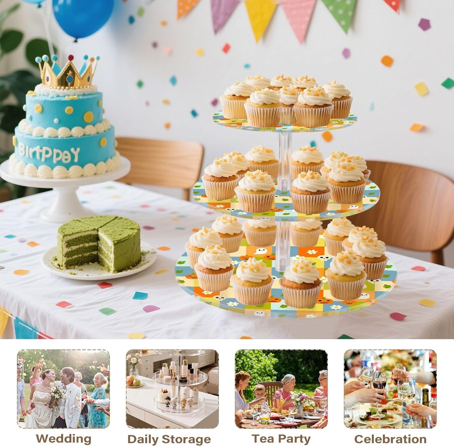 Pumpkin Ghost Leaves Flowers Floral 3 Tier Acrylic Cupcake Stand, Cupcake Stand for 34 Cupcakes for Weddings, Christmas,Holidays,Parties,Birthday,Printed Cupcake Tower 23300295