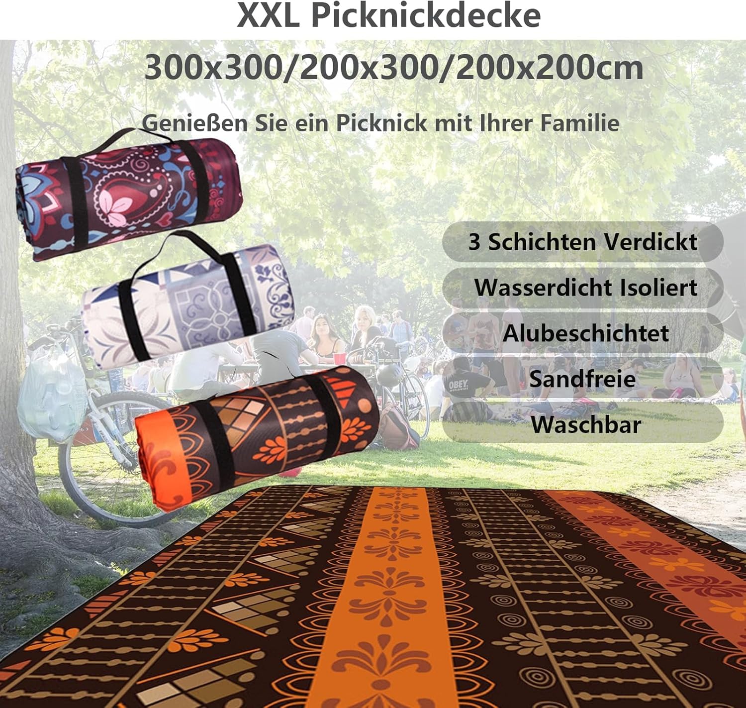 Wodoodporny Koc Piknikowy Bardzo Duży Koc Piknikowy 300x300/200 X 200/200x300, Składany Duży Koc Piknikowy, Gruby Podróżny Koc Piknikowy Do Prania W Pralce Na Rodzinne, F, 200x300cm