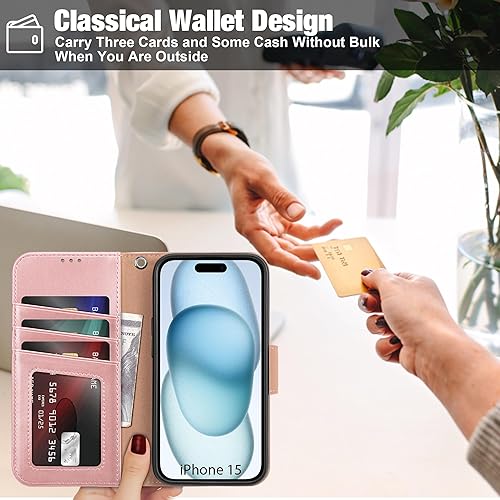 Miniatura 164 de Arae Compatible with iPhone 15 Case with Card Holder and Wrist Strap Wallet Flip Cover for iPhone 15 6.1 inch,Wine Red