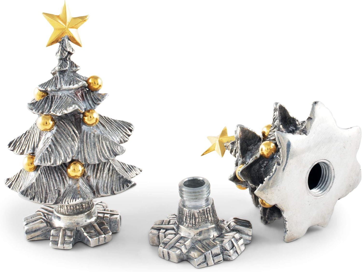 Vagabond House Christmas Salt and Pepper Shakers Set - Christmas Tree Shakers Set - Rustic Salt and Pepper Shakers Set - Crafted in Pewter - Holiday Salt and Pepper Shakers - Gifts 3.75 inch Tall