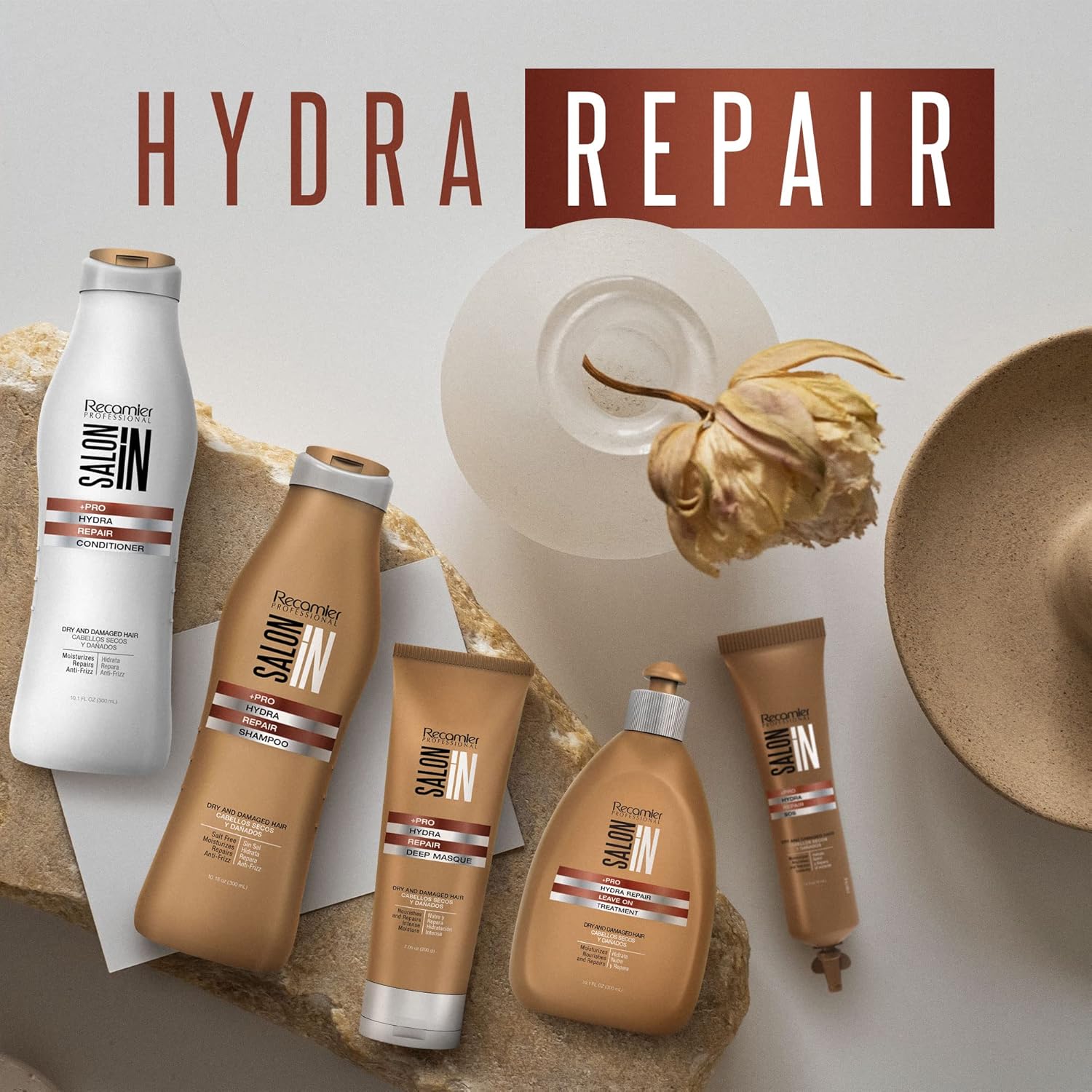 Salon In by Recamier | Pro Hydra Repair Hair Shampoo, Conditioner and Deep Treatment Set (10.1 fl oz Each) | Dry And Damaged Hair