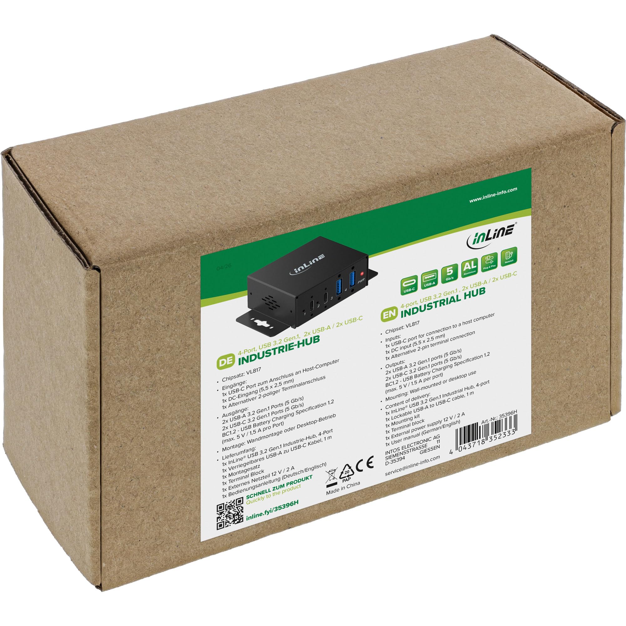 Inline Industrial USB 3.2 Hub de 4 Puertos, 2 x USB-A / 2 x USB-C, 5 GB/s