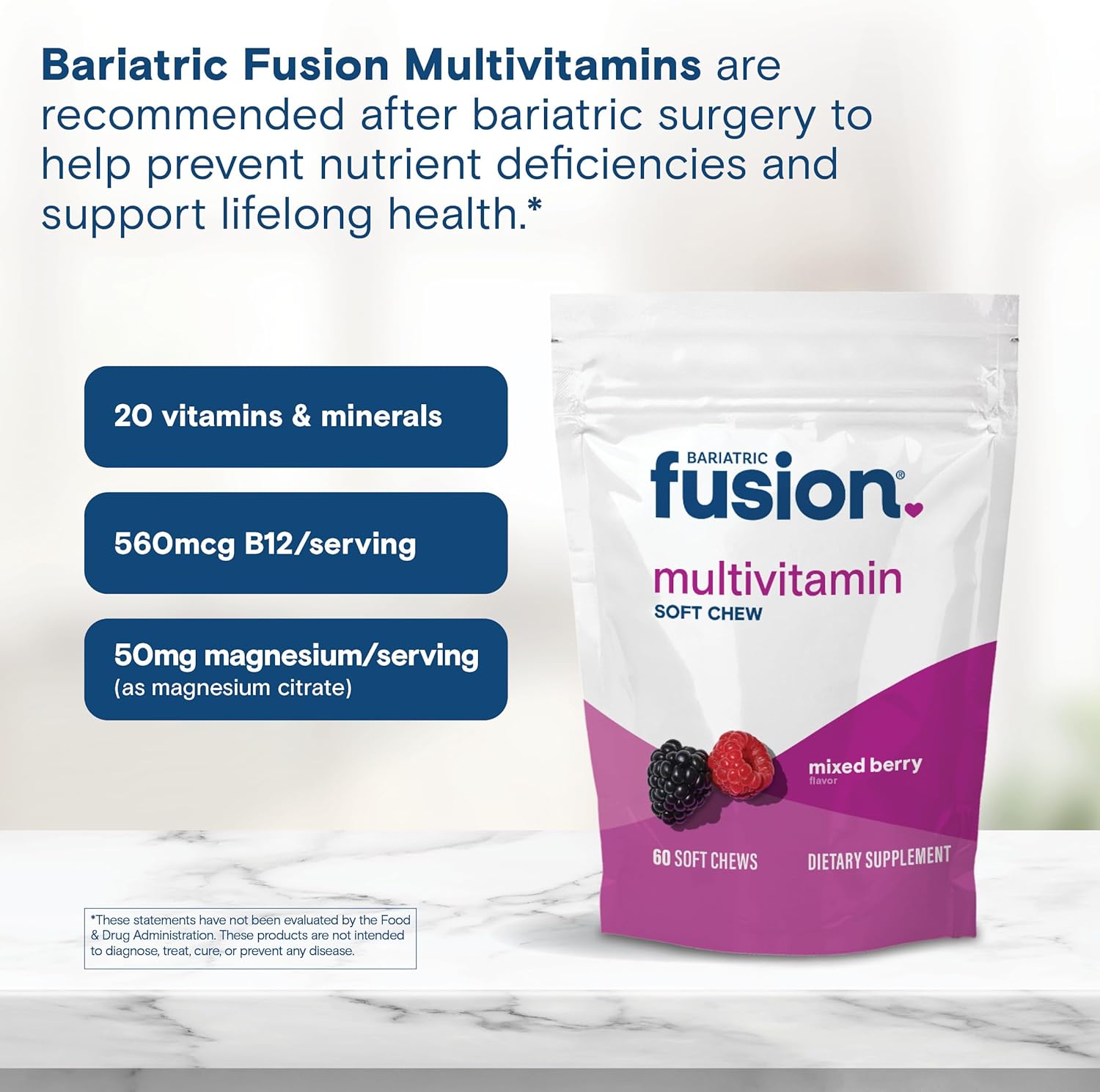 Bariatric Fusion Bariatric Multivitamin Soft Chew | Mixed Berry Fruit Flavor Chewy | Sugar Free Chewable Multivitamin Post Bariatric Surgery | Gastric Bypass and Sleeve | 60 Count | 1 Month Supply - Image 6