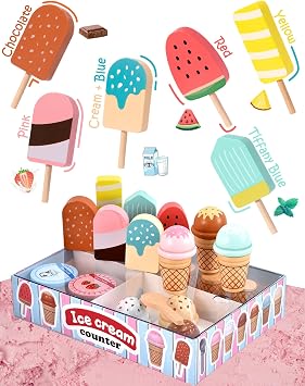 Atoylink Ice Cream Shop Ice Cream Wooden Toy Gifts Girls 3 4 5 6 Years Ice Cream Shopping Shop Children's Kitchen Accessories with Play Money Ice Counter Ice Cream Sale Merchant Shop Accessories Wooden Gift Girls