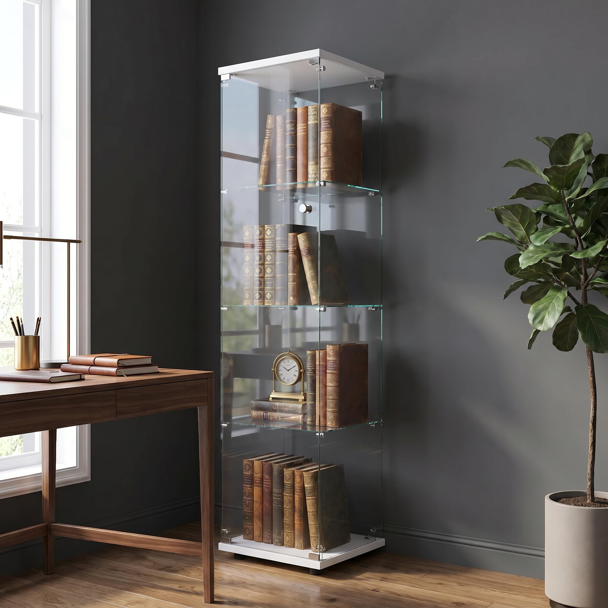 Vetrina in vetro per soggiorno, 164 x 42,5 x 36,5 cm, vetrina in vetro con serratura e porta, 4 ripiani, trasparente, grande, vetrina da collezione per soggiorno (4 strati