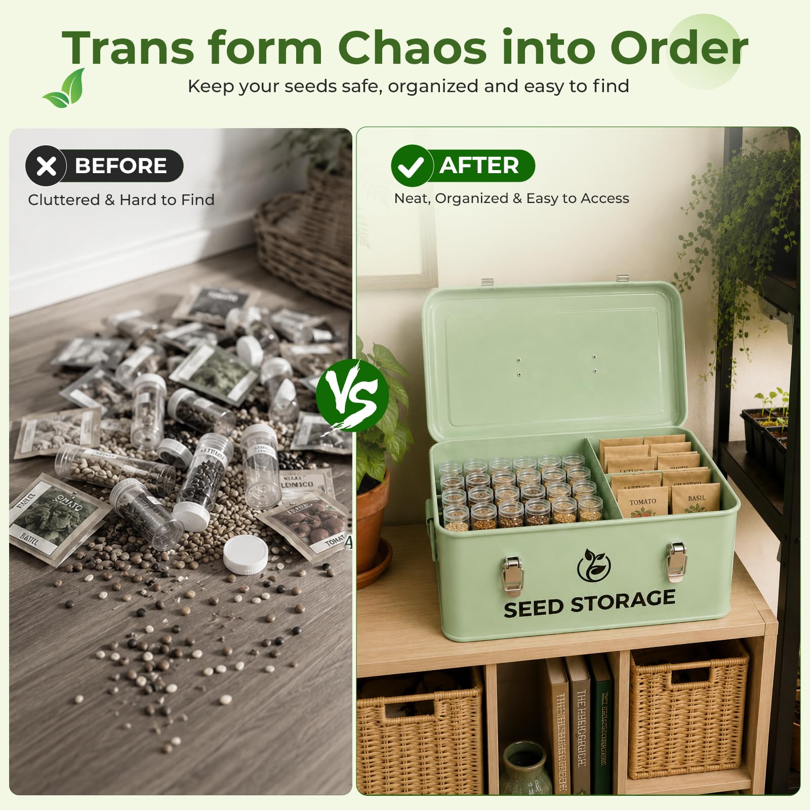 Caja de Almacenamiento de Semillas, Caja Organizadora para Almacenar Semillas Caja para Semillas con 60 Botellas de PláStico, 20 Bolsas de Papel Kraft, 4 Herramienta para Plantar, 1 Embudo de Silicona | con 60 botellas, 20 sobres, 4 herramientas de planta