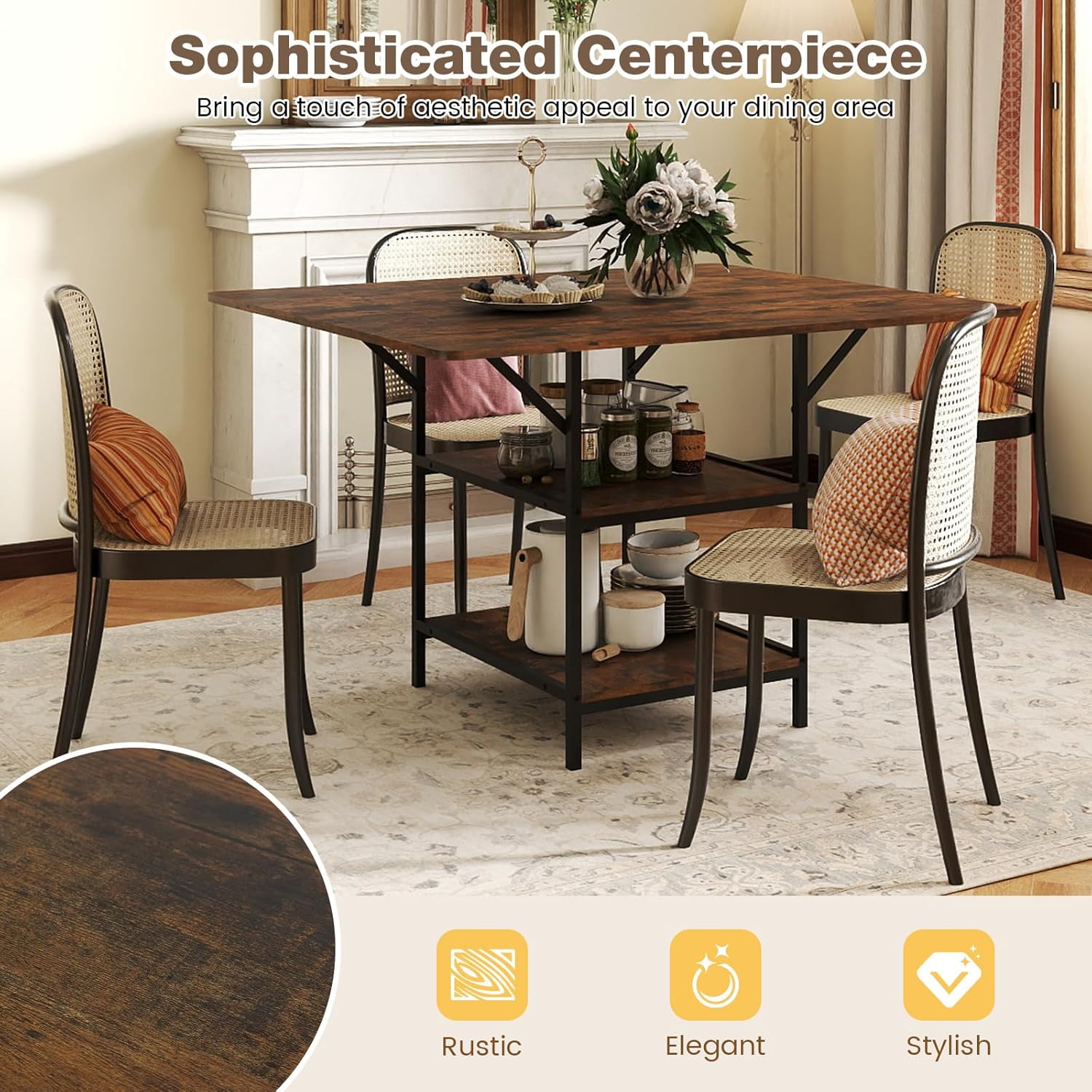 Giantex 47-inches Dining Table for 4-6, Rectangular Kitchen Table with 2 Open Storage Shelves & Sturdy Metal Legs, Farmhouse Dinette Table for Dinner, Dining Room, Living Room, Rustic Brown