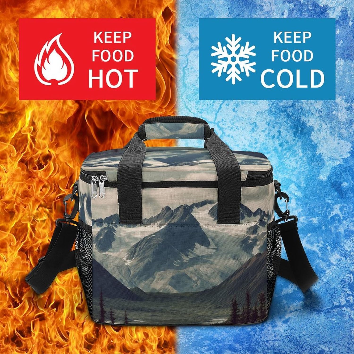 Camping Ice Pack, Alaska Mountains Print Cooler Bag, 22.5L Large Capacity Insulated Lunch Tote Bag for Outdoor, Picnic, BBQ, Travel, Work