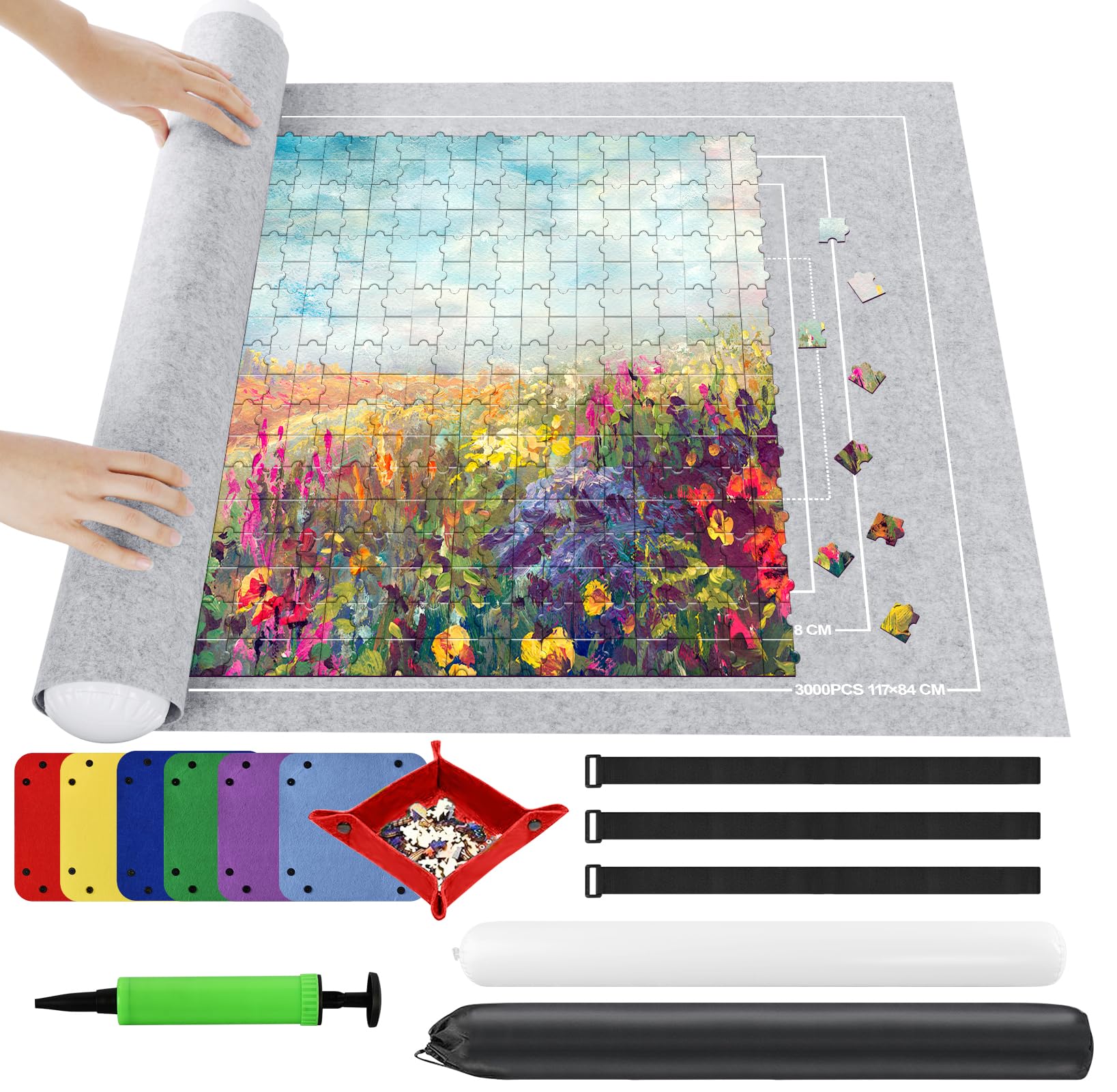 Ainiv Puzzle Roll Jigsaw Storage Felt Mat, Jigsaw Puzzle Roll Mat, Portable Puzzle Roll Up Storage Mat with Auxiliary Lines for up to 3000 Pcs, Foldable Puzzle Storage Felt Pad with Inflatable Pump