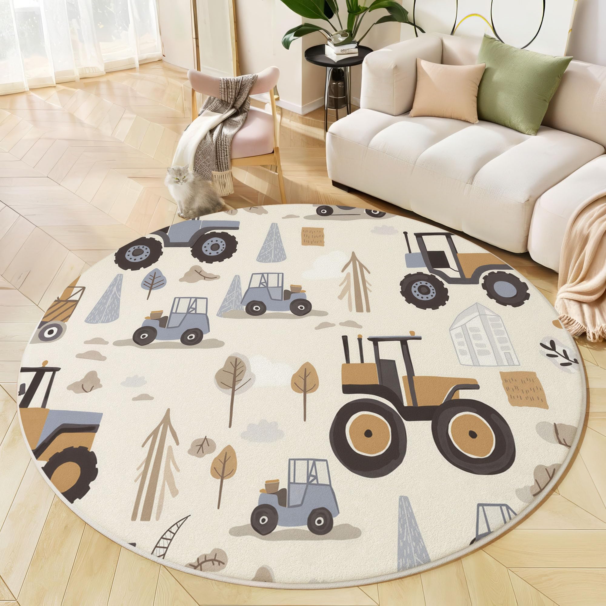 Tappeto Rotondo Stile Di Illustrazione Per Bambini, Tappeto Stampa Veicoli Da Costruzione Forestali Flanella Morbido, Tappeti Marrone Salotto Antiscivolo Lavabile, per Camera Bambini Cameretta 150cm