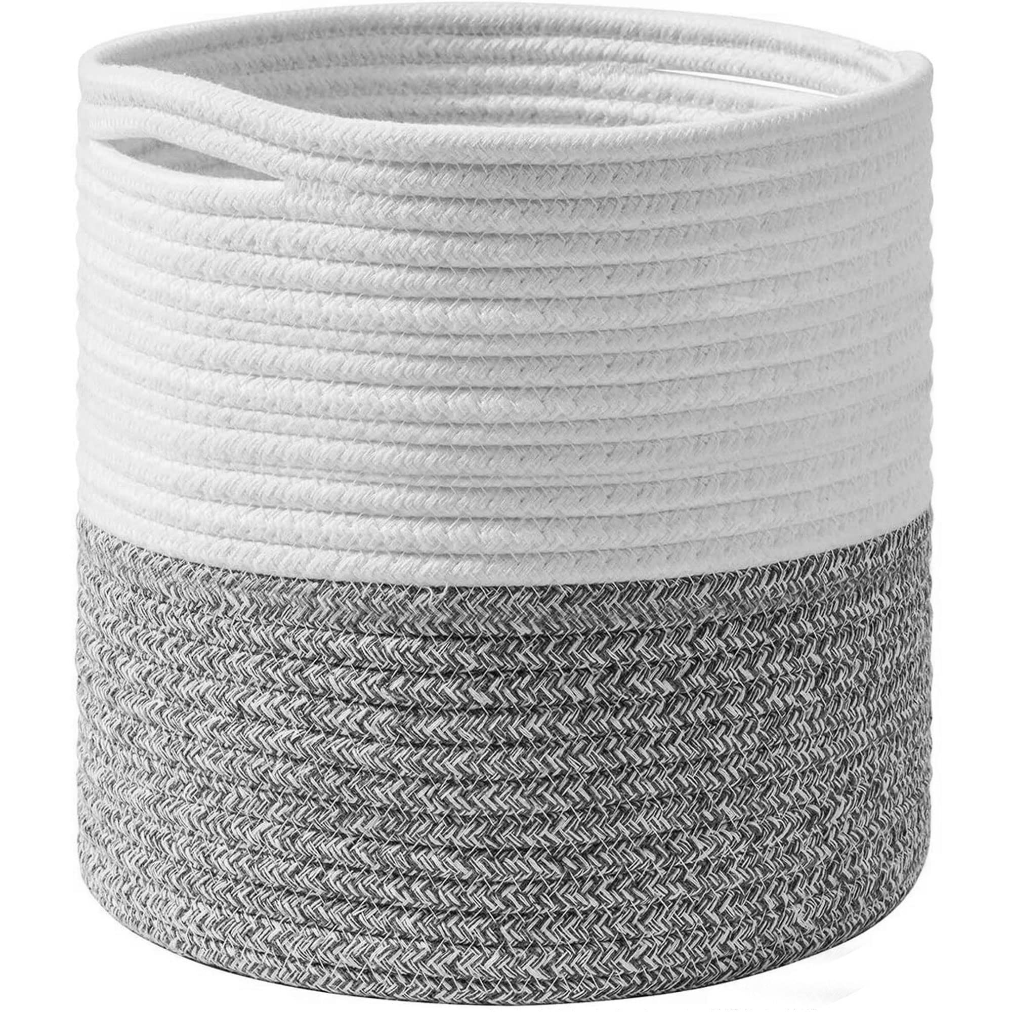 Finetree Cotton Rope Storage Basket Indoor Planter Basket Woven Cover Pot Plant Holder Two Tone Material Nursery Hamper with Handles, Large Capacity for Laundry, Baby Clothes, Toys (Grey & White)