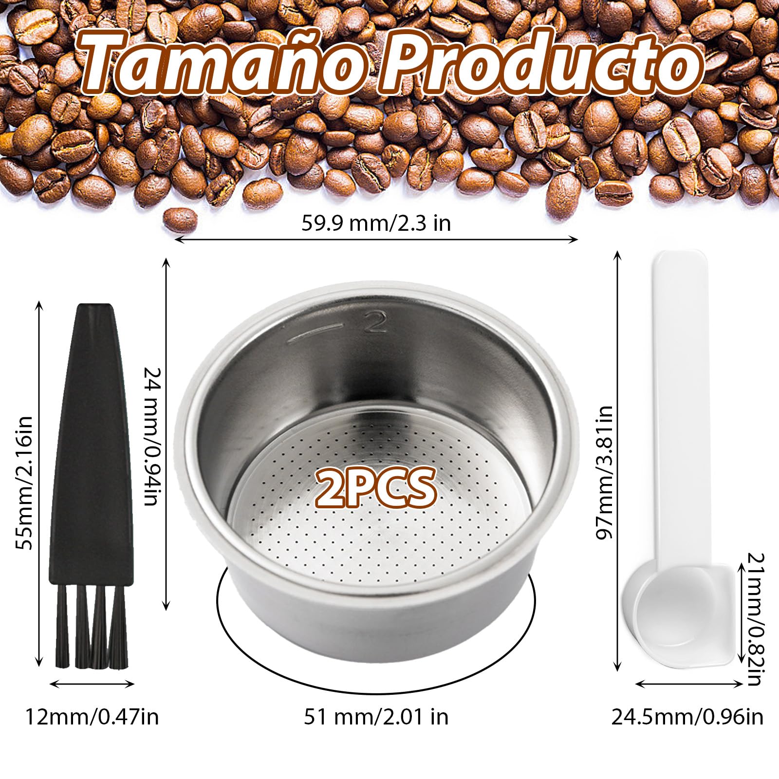 Lot De 2 Filtres à Café En Acier Inoxydable 51 Mm - Compatibles Cecotec, Delonghi, Ufesa, Pour Expresso Sans Pression, Avec Brosse Et Cuillère - 6