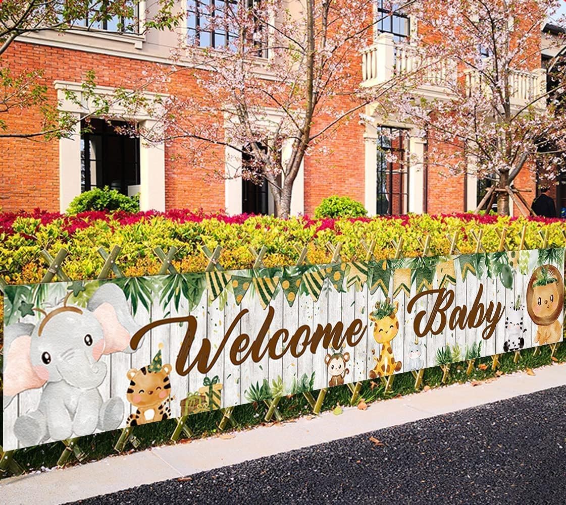 Welcome Baby Jungle Safari Yard Sign Banner, Jungle Safari Baby Shower Party Decoration, Wild Animal Backdrop Welcome Party Supplies 9.8 x 1.6 feet