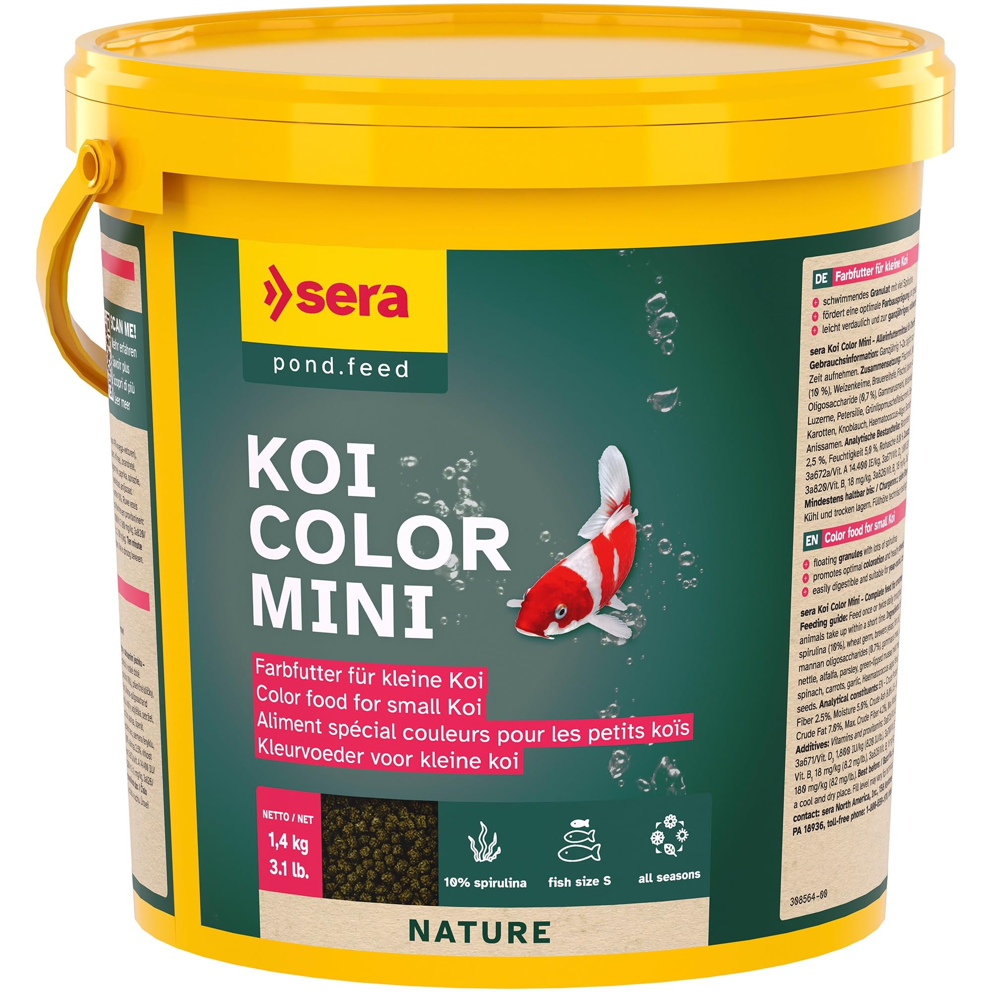 sera koi Color Mini 3,8 L 1,4 KG | alimento Natural Que Potencia los Colores, para un Desarrollo óptimo de los Colores de los Kois jóvenes de hasta 12 cm | granulado Flotante 3.800 ml