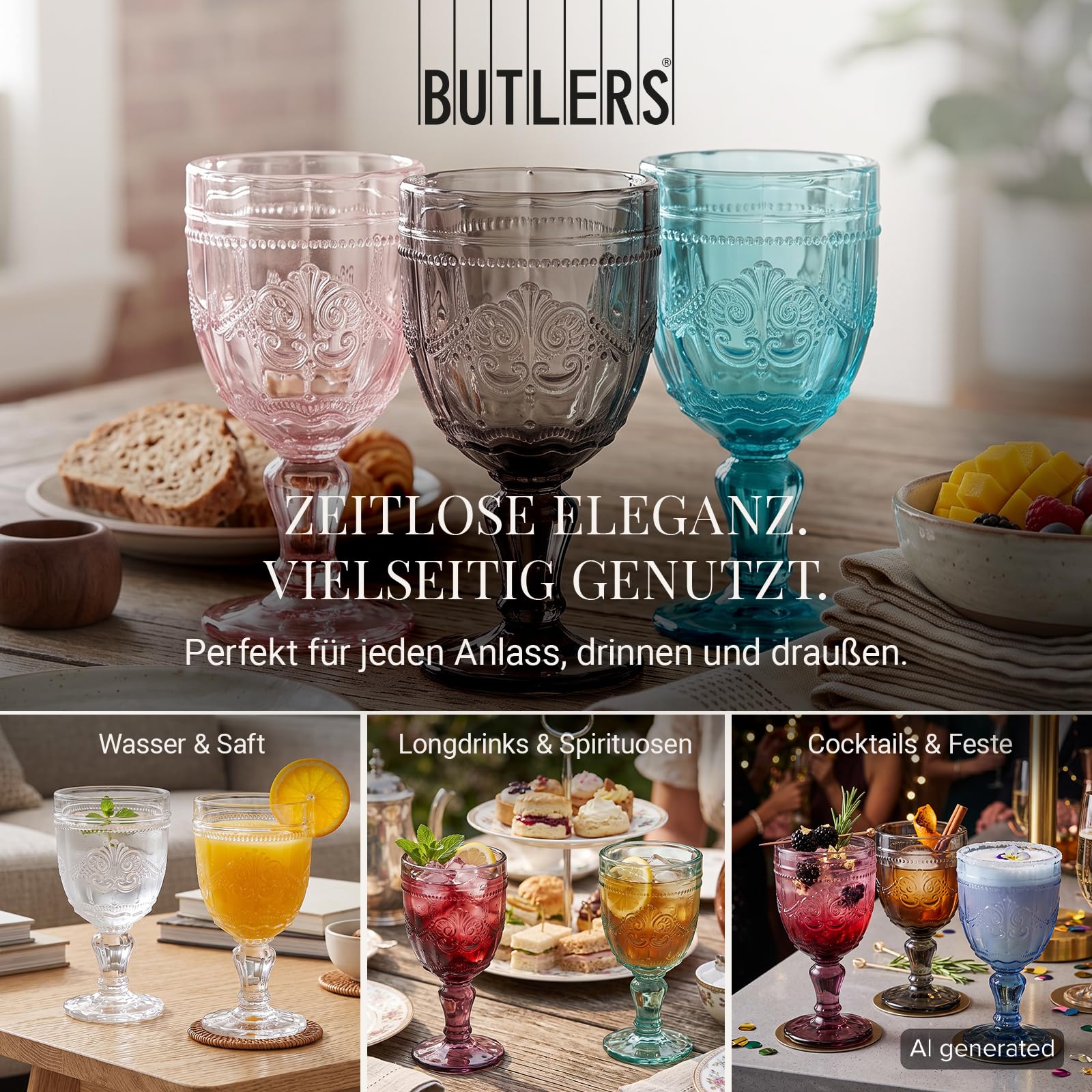 BUTLERS VICTORIAN Weingläser, 6er-Set mit Stiel, 230 ml