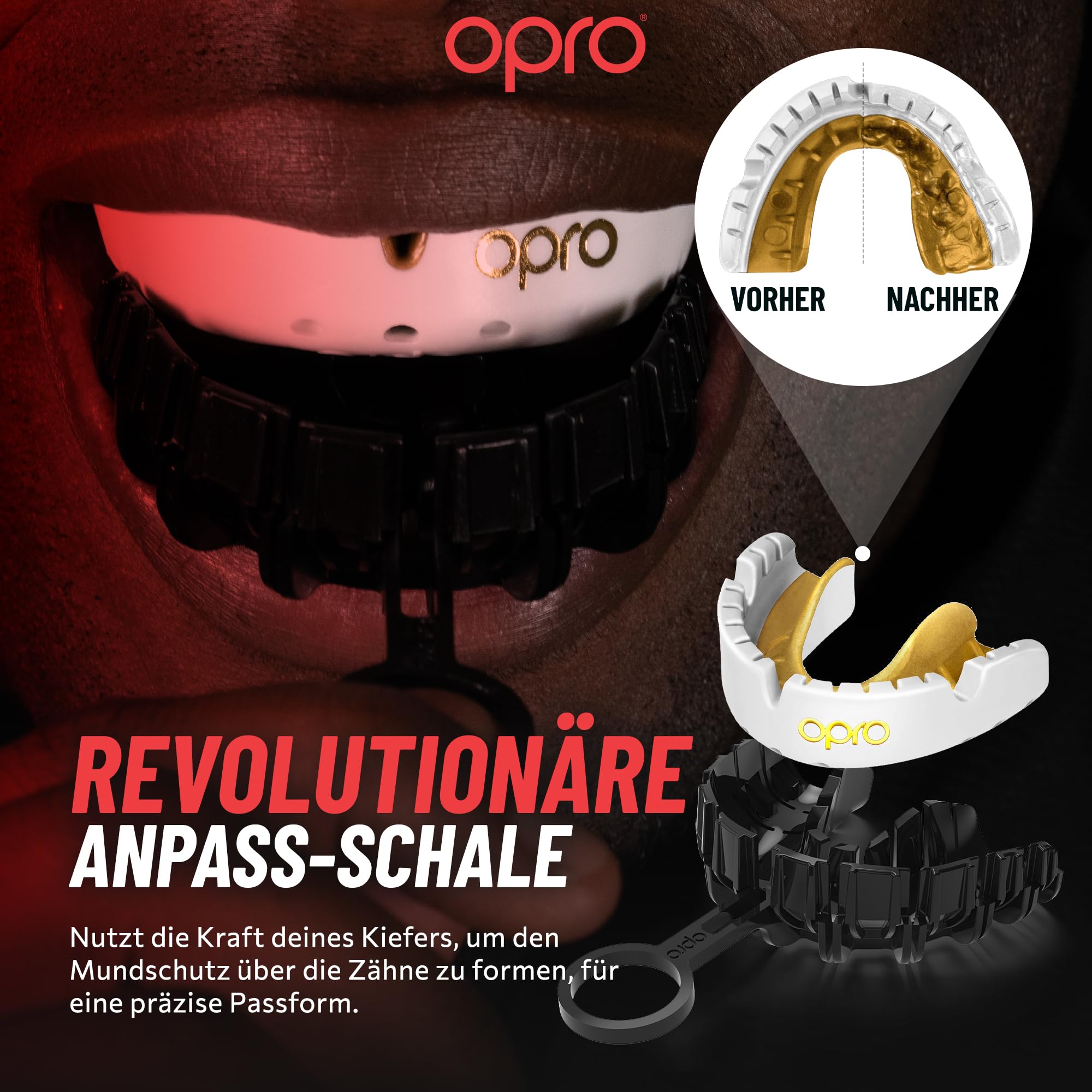 OPRO Mundschutz für feste Zahnspangen – Gold-Level Zahnschutz für Boxen, Kampfsport, MMA, Erwachsene & Kinder (Alter 10+) – Selbstanpassende Schiene – Premium Passform – Mit zahnärztlicher Garantie