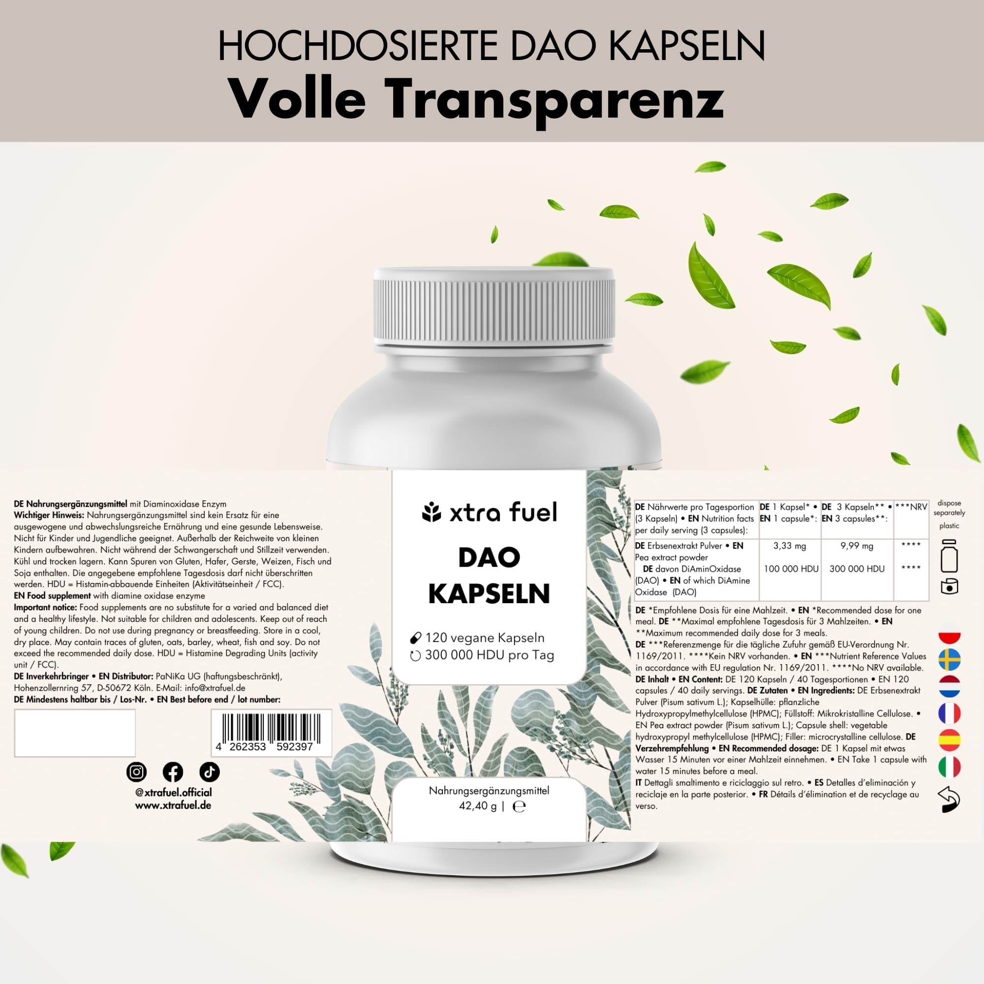 DAO Kapseln 120 Stück (hochdosiert) - 300,000 HDU pro Tagesdosis - DAO Enzym aus Erbsenprotein - vegan & laborgeprüft