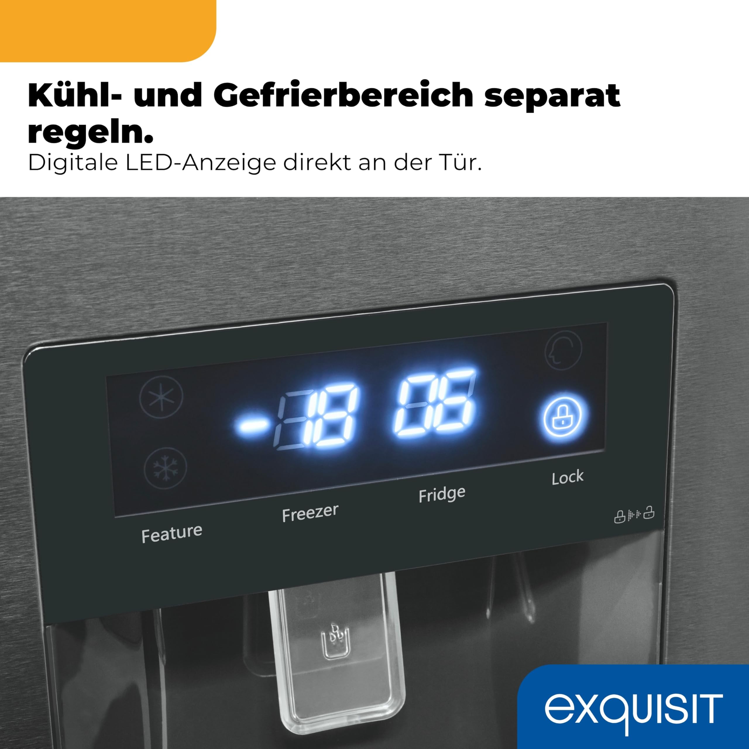 Exquisit French Door Kühl-Gefrierkombination 506 l, No Frost | Inoxlook, Wasserspender, LED, Schnellgefrieren, 183 l Gefrieren, Energieklasse E, 38 dB
