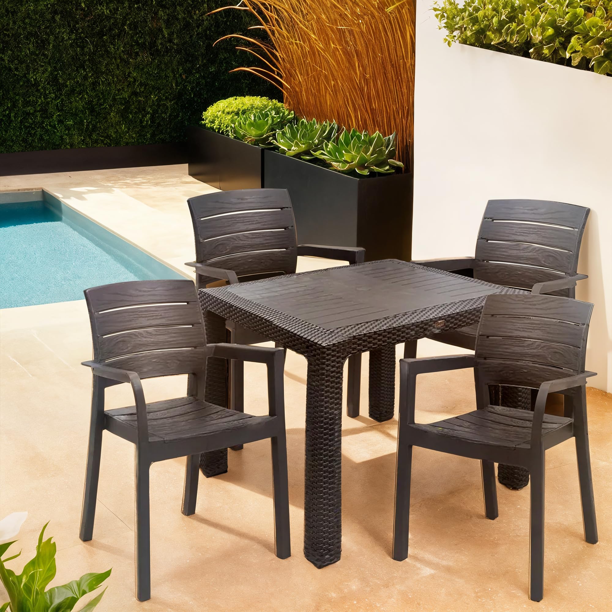 Sicignano | Set Sedie e Tavolo 90x90cm Completo Antracite, Resistente UV, per Esterni e Interni, Adatto a Bar Ristoranti Pizzerie Spazi Commerciali (1, 2 Sedie 1 Tavolo)