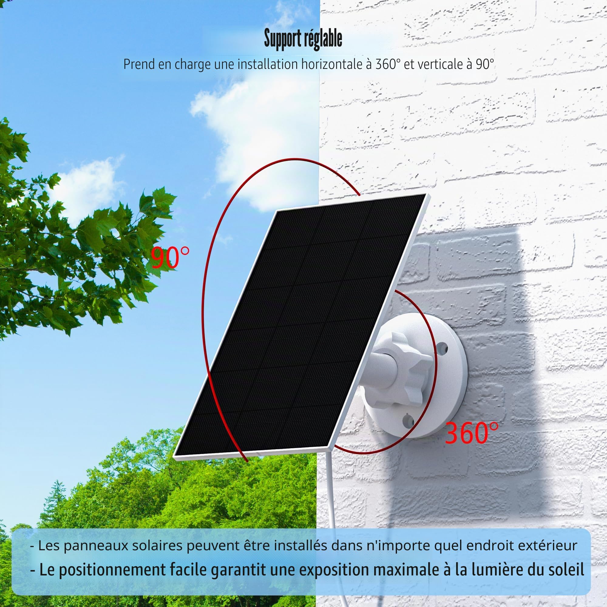 Panneau Solaire pour Caméra Eufy, Panneau Solaire 5V 2,5W Compatible avec Eufycam,2C/2C Pro, 2/2Pro, E20/E40, Solo, SoloCam Spotlight, Micro USB & Bouchon en Caoutchouc Inclus, Étanchéité IP65