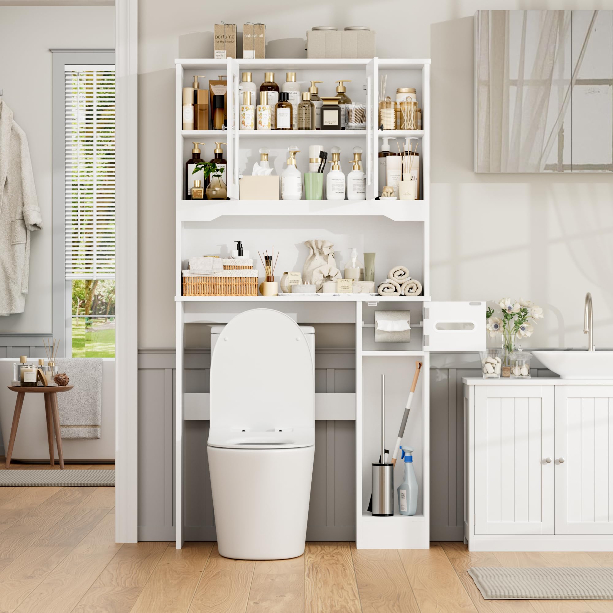 FOREHILL Mobile Lavatrice con 2 Ante, Mobile Sopra WC a 7 Scomparti Aperti e Porta Fazzoletti, Scaffale Sopra Lavatrice a Ripiani Regolabili, Mobiletto Asciugatrice, 89x20x173cm (Bianco)