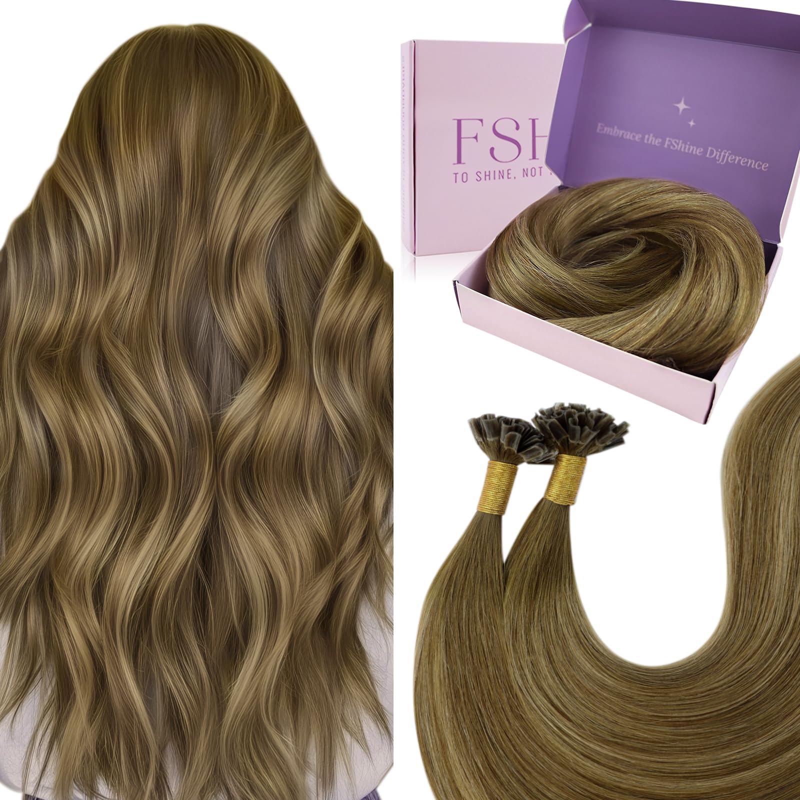 Fshine Hair Cheratina Extension Capelli 45CM 50g U Tip Capelli Lisci Extension Castano Scuro con Biondo Fragola e Marrone Scuro Balayage Extension Keratin 1g/ciocca Capelli Veri #4/27/4