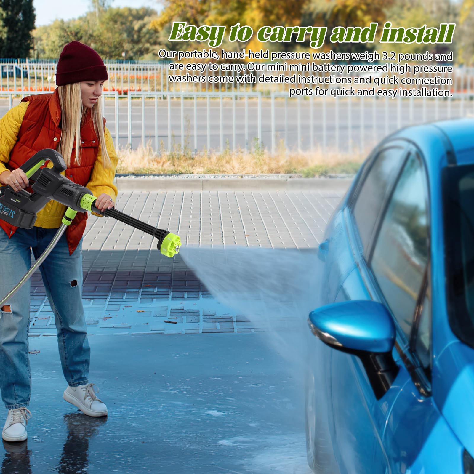 Limpiador de alta presión inalámbrico, 980 PSI/120 bar, portátil con bomba de succión, 6 en 1 boquillas y detergente para coche, terraza, jardín (5 m manguera) (B-2 batería)
