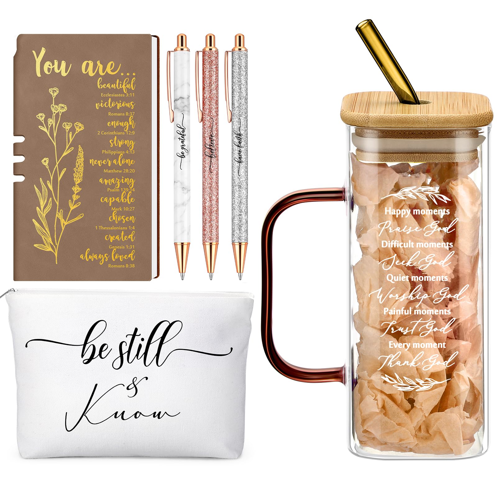 Skylety 6 Pcs Christian Gifts Set for Women Prayer Journal with Pens Makeup Bag Glass Cup Bible Study Supplies for Church Office Teacher Mother's Day