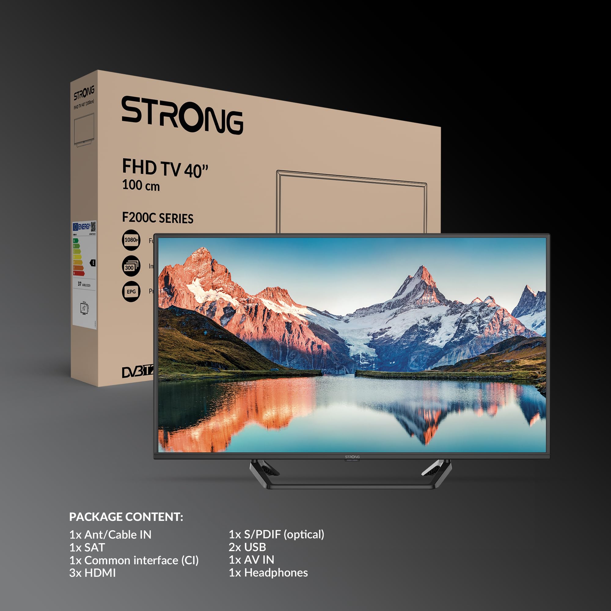STRONG - Télévision 40 Pouces (100 cm) Full HD SRT40FF2003C - Noire | Qualité Image Exceptionnelle - Triple Tuner Intégré - 3 Ports HDMI (1 Arc) + 2 Ports USB + AV + Prise Antenne/Sat