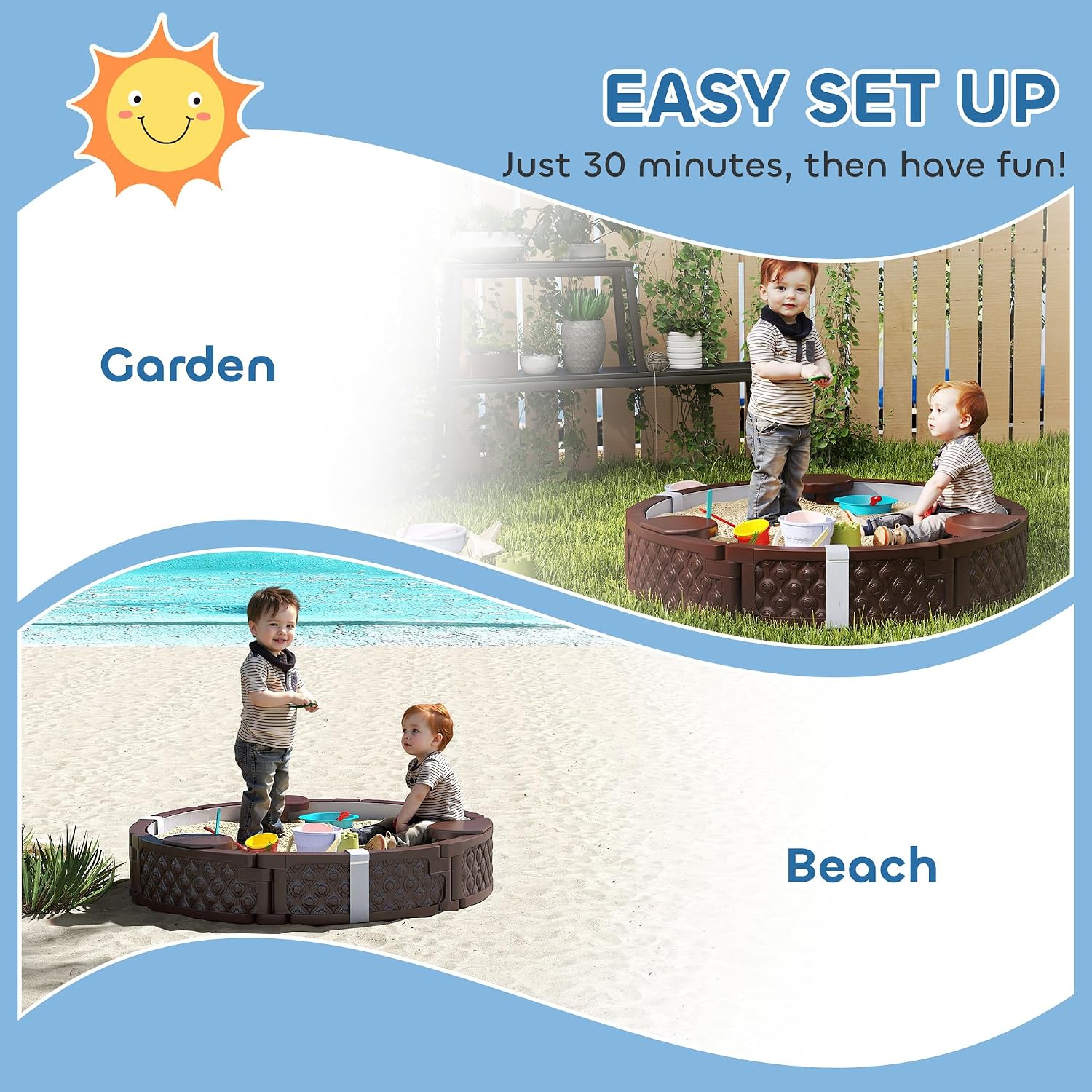 Qaba Kids Sandbox with Cover, Round 47" HDPE Large Sand Pit with 3 Seats, Waterproof Bottom Liner, Weather Resistant Outdoor Sand Box for Backyard, Lawn, Garden, Beach, Patio, Brown