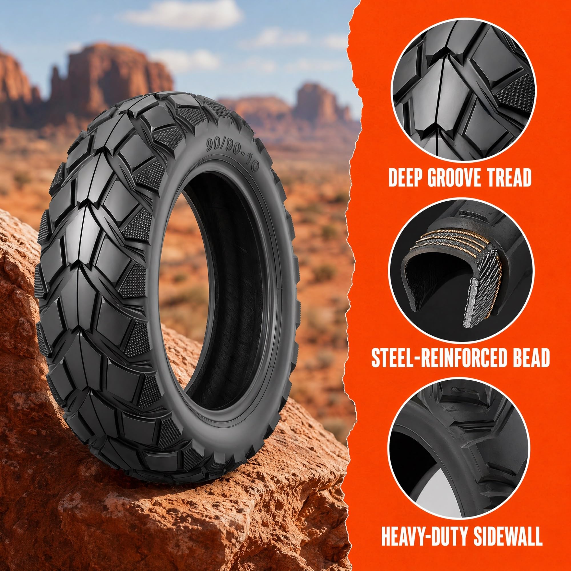 90/90-10 Neumático Tubeless, Cubierta de Repuesto Delantera y Trasera para Scooter, Llanta de Moto 10 Pulgadas 57J de Alta Resistencia, Banda de Rodadura Antideslizante