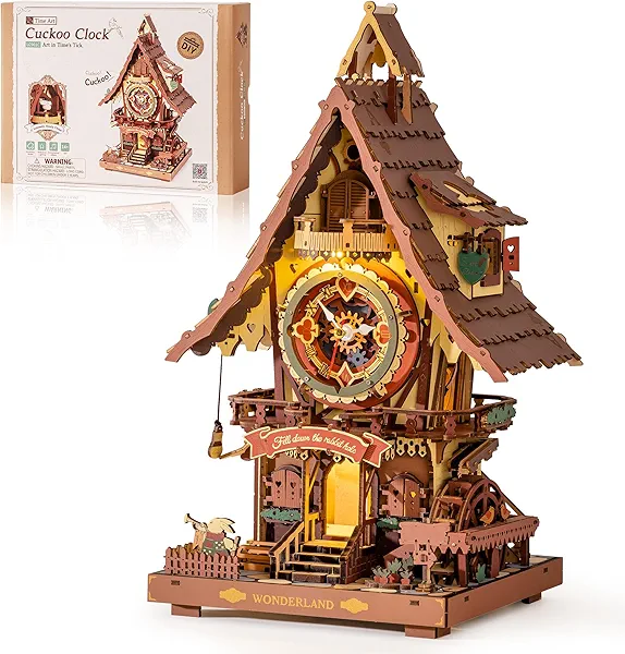 ROBOTIME 3D Wooden Puzzles for Adults-Cuckoo Clock Wooden Models for Adults to Build-435 Piece Model Kit with 2 Lights-Gift for Craft Enthusiast Model Building Set (Colourful)