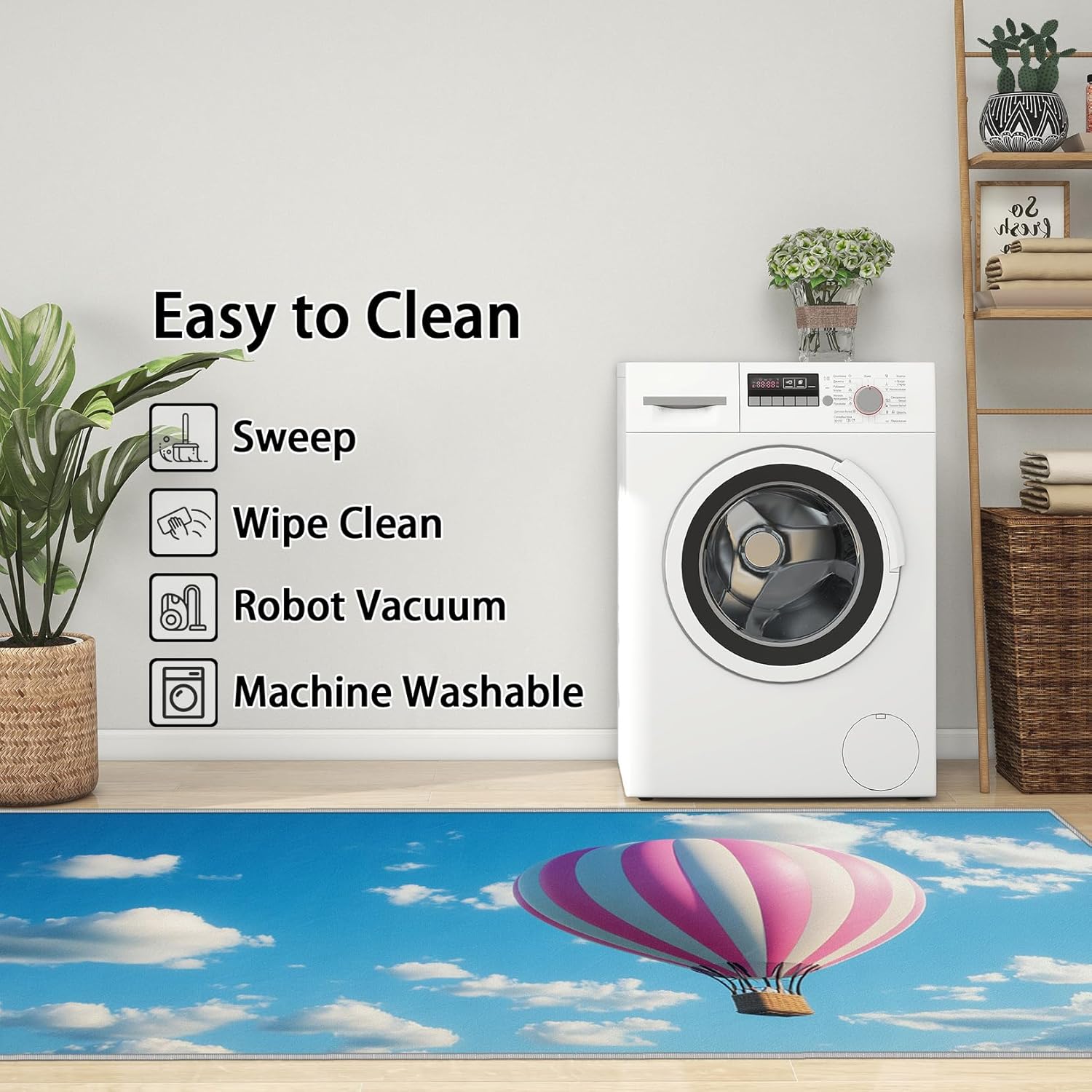 Hot Air Balloon Rug - Hot Air Balloon Rugs for Classroom, 2x3 ft Washable Non-Slip Stain Resistant Blue Sky Area Rug, Balloon Carpet for Entryway, Kitchen, Hot Air Balloon Home Decor & Gifts