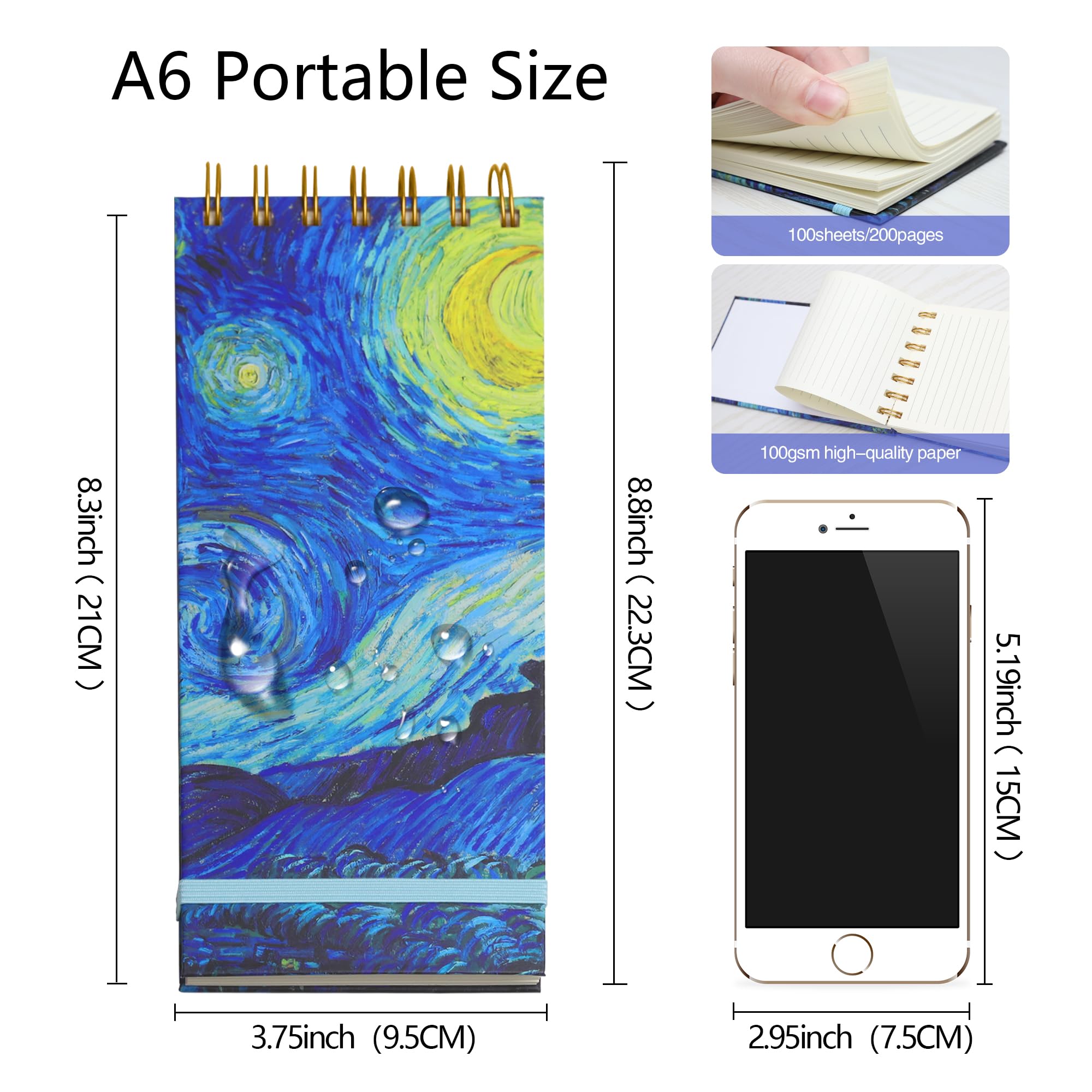 Zestaw 3 szt. Top Spiral Notepad Reporters Notebook Thick Superhard Cover Top Bound Spiral Notebook Van Gogh Gifts Grocery List Notes Steno Notebooks 8,8 x 3,75 In 200 Pages 100GMS To Do List
