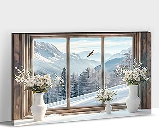 UZMKM Winter Window Wall Art, Wooden Frame Farmhouse Window Canvas Wall Art, Modern Flower Floral in Vase Picture Prints for Bedroom Wall Decor, Rustic Winter Mountain Landscape Painting 12x18 Inch