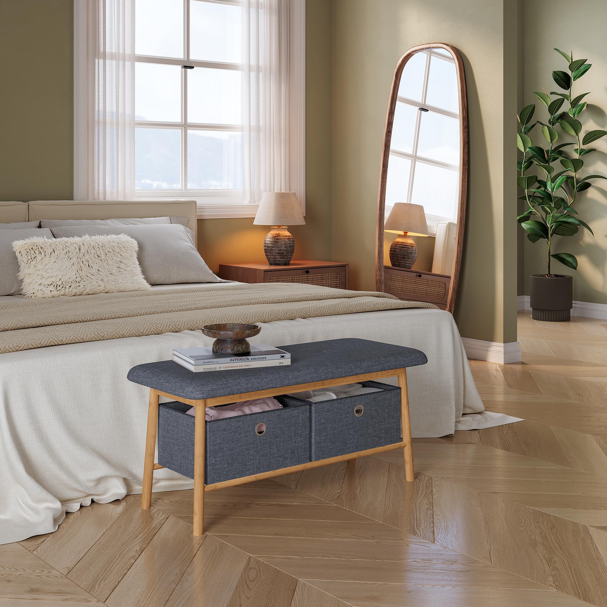 [en.casa] Panca da Scarpe con 2 Contenitori Scarpiera con Seduta Imbottita e 2 Scatole Porta Oggetti Scarpe Borse per Ingresso Corridoio 90 x 30 x 45 cm - Bambù Naturale/Grigio