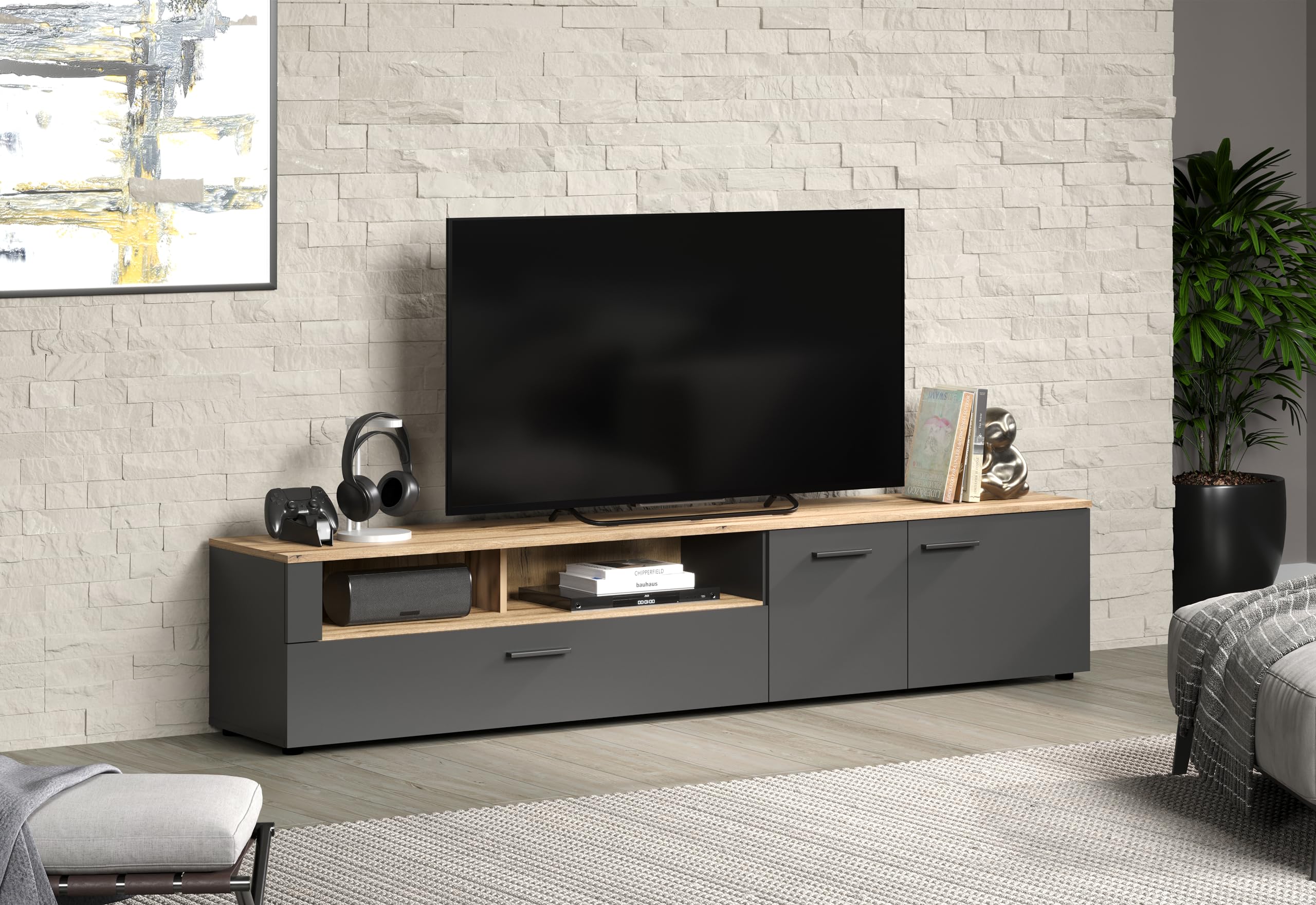 trendteam smart living - Esteban - TV-Schrank - Anthrazit/Evoke Eiche - (BxHxT) 210 x 43 x 41 cm - eleganter Fernsehschrank mit schwarzen Griffen - kratzfest