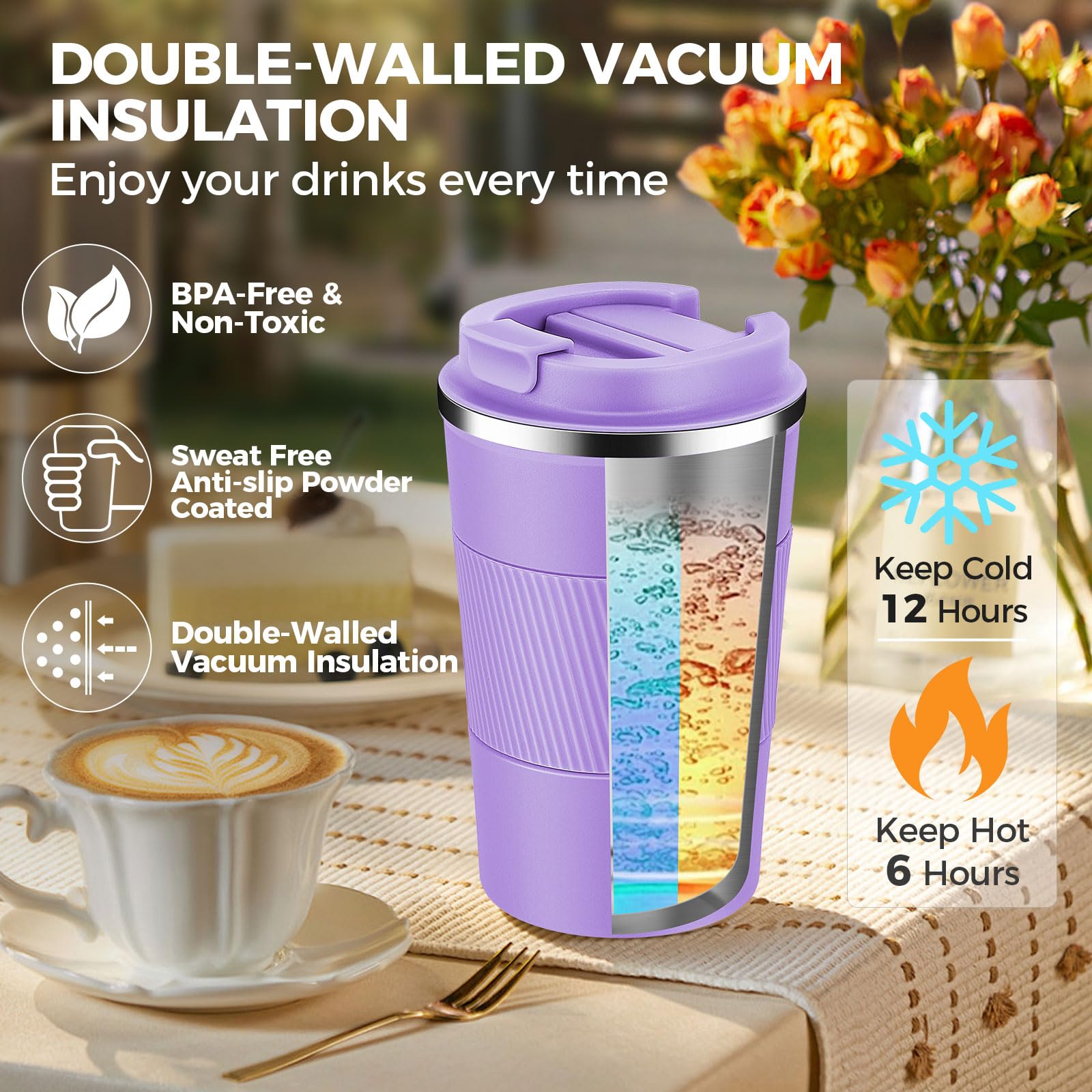 Volhoply Isolierter Reisebecher 360ml - Edelstahl Thermobecher Mit Klappdeckel