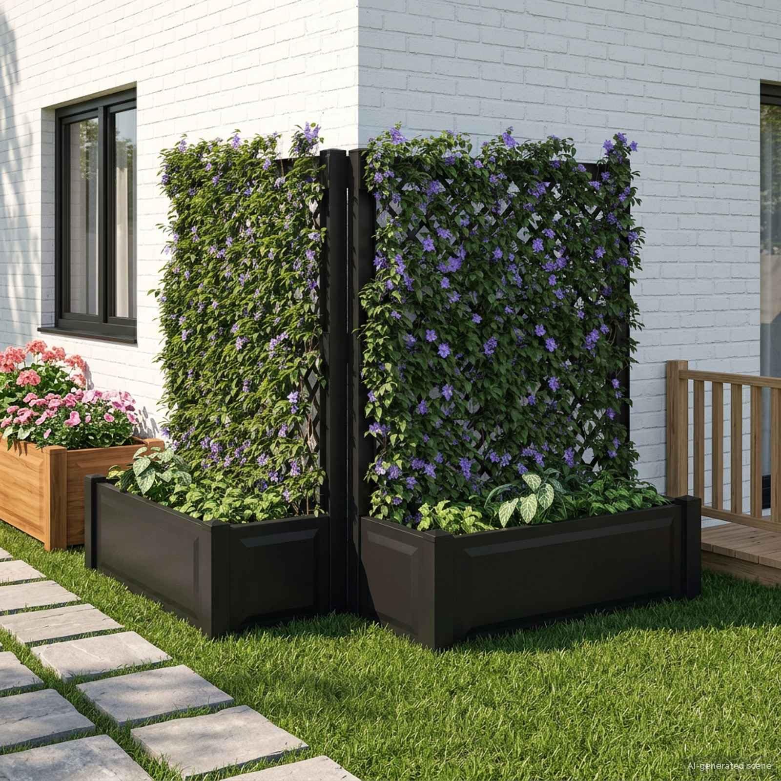 Pot de fleurs avec treillis résistant aux intempéries pour cacher une boîte à poubelle stable