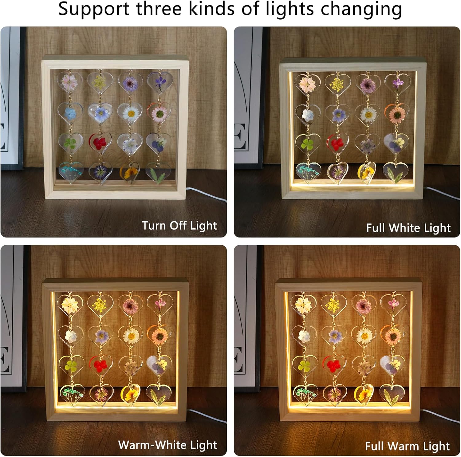 SMUK Resin Dried Flower LED Aesthetic Desk Lamp, Unique 3 Way Dimmable Natural Pressed Flower Table Lamp with Wooden Frame for Desk, Table, Nightstand, Bedroom, Living Room, Office