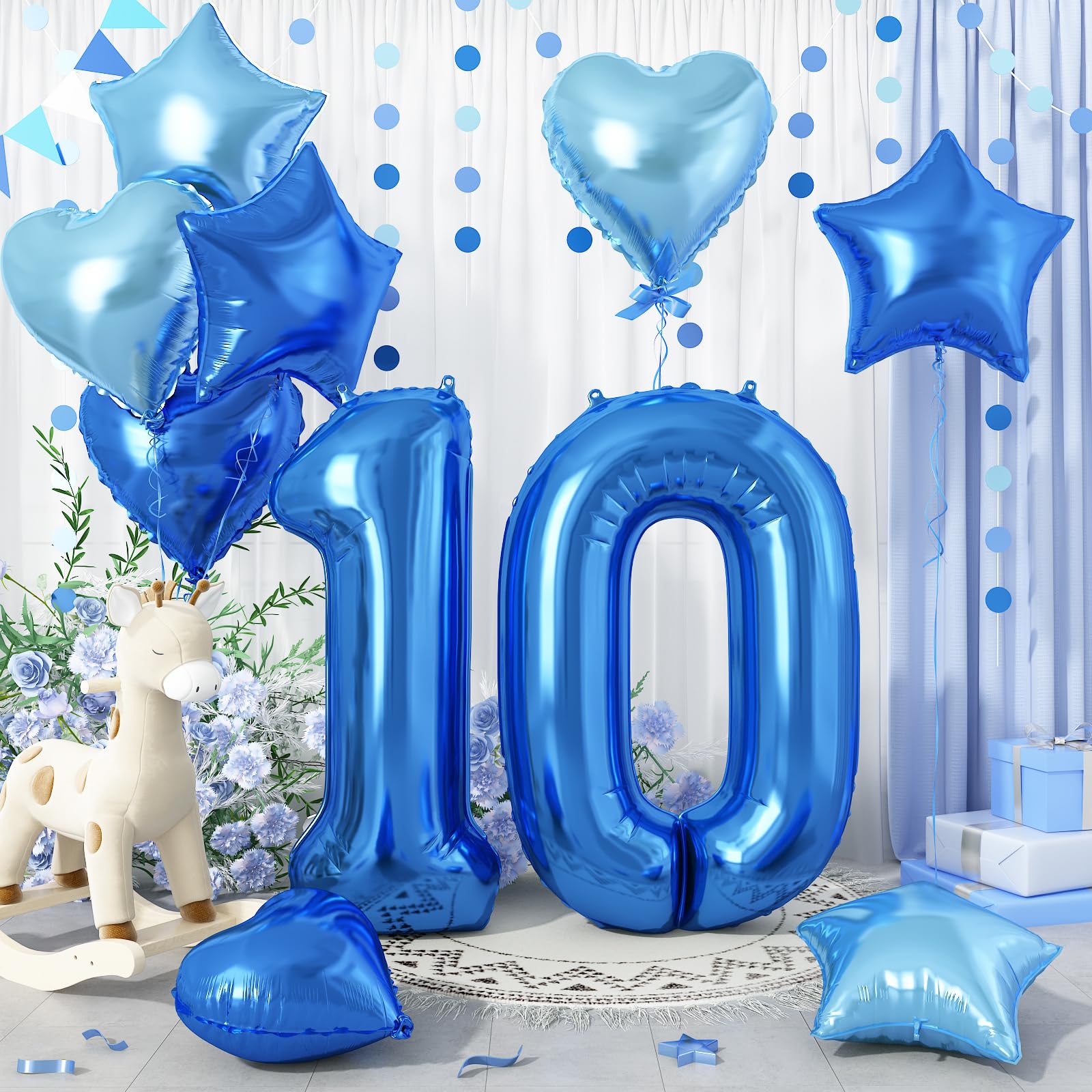 誕生日 バルーン 風船セット 飾り付け 10歳 大きい数字 ナンバー10 ハート 星 スター アルミ風船 10個セット バースデー 飾り 記念日 お祝い パーティー 女の子 男の子 ブルー