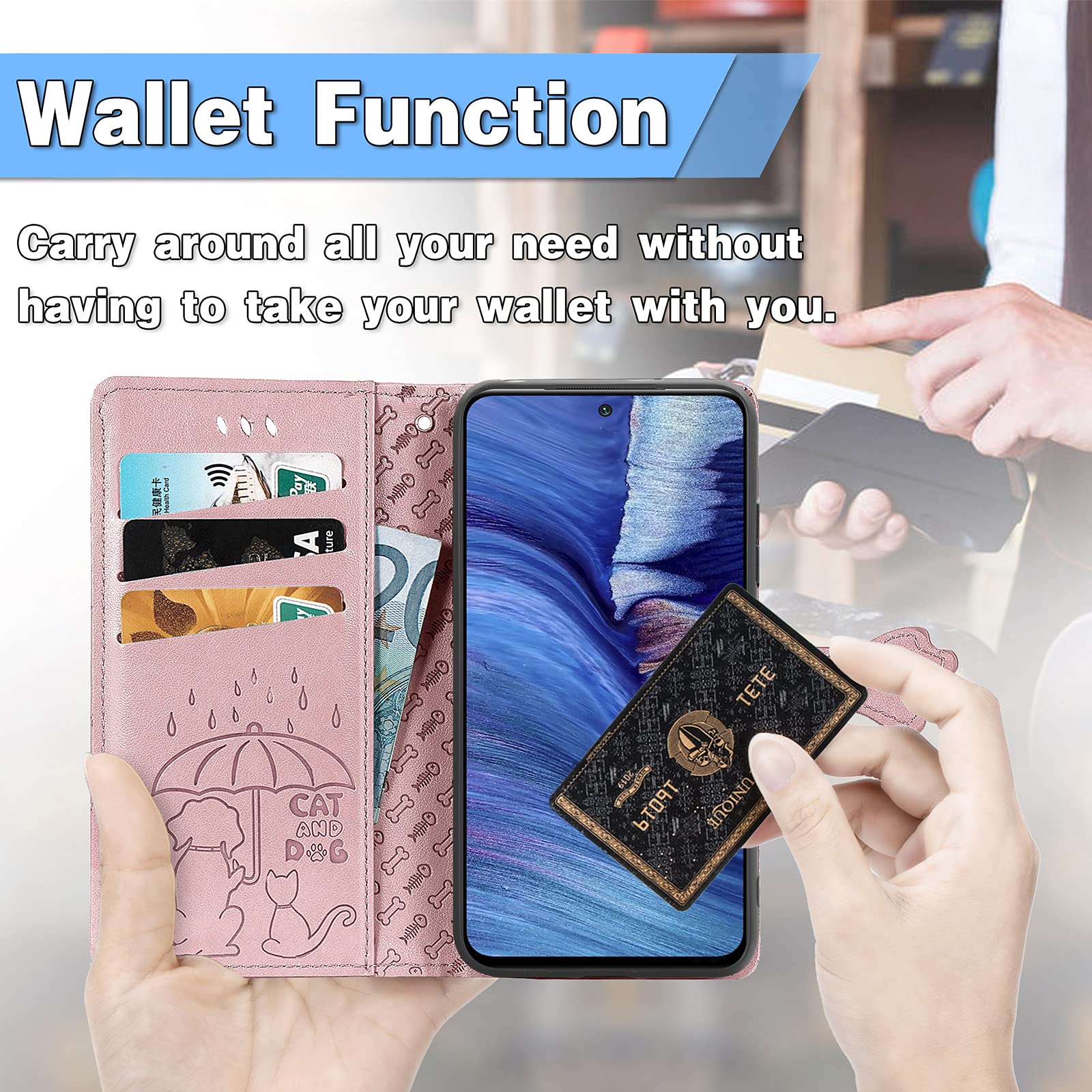 JIUNINE Cover Libro Portafoglio Per Xiaomi Redmi Note 10 5G / Poco M3 Pro - Pelle PU Con Fantasia Cane E Gatto - Slot Carte E Chiusura Magnetica - Rosa Oro